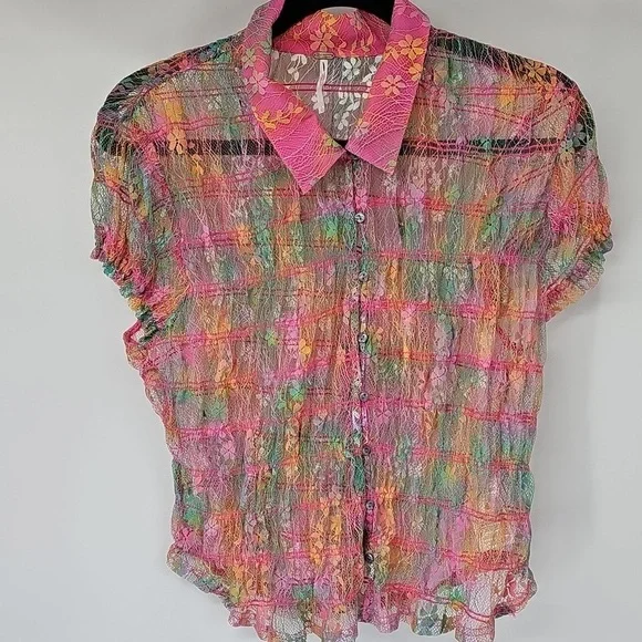 Free People Julie Printed Sheer Lace Mesh Smocked Top Tropical Sunset‎  Combo - Picture 5 of 14
